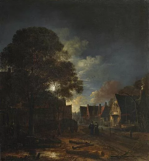 Aernout van der Neer — Dorfstrasse bei Mondschein
