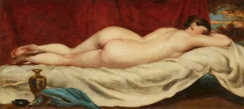 William Etty — Schlafender weiblicher Akt auf einem Sofa vor einem roten Vorhang