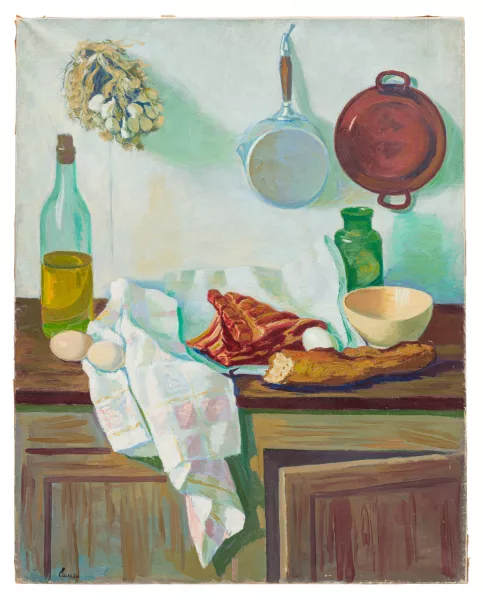 Camille Liausu — Nature morte au pain et à la viande