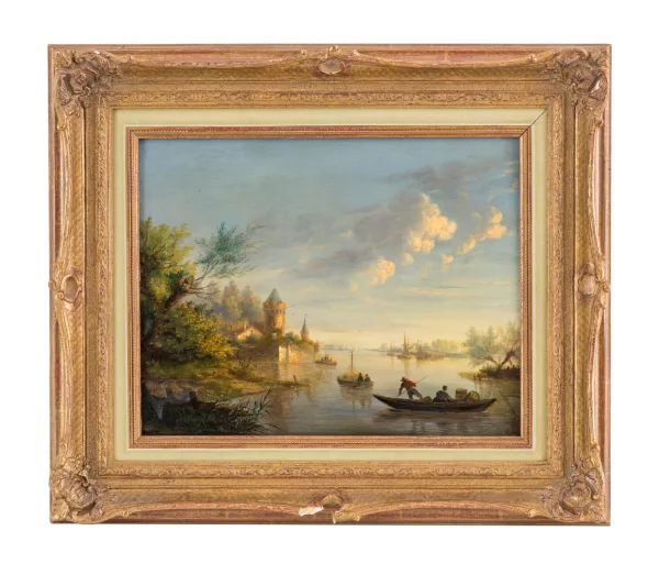 Willem Bodemann — Attribué à Willem Bodemann — Barque de pêcheurs dans un paysage fluvial,