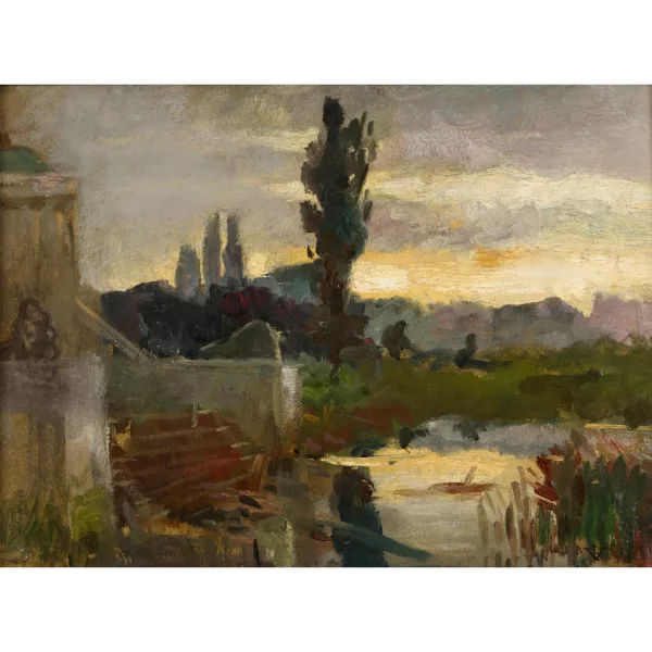 Ludovic Vallée — Gebäudepartie mit Treppe am Seeufer.