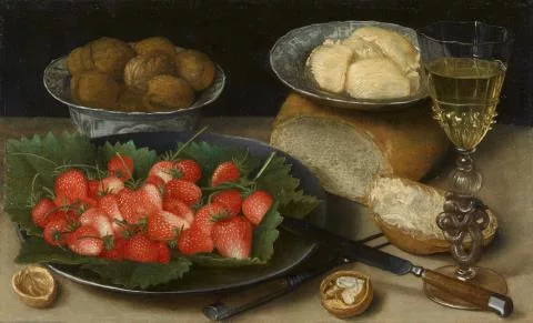 Georg Flegel — Mahlzeit mit Erdbeeren, Walnüssen, Brot, Butter und Wein