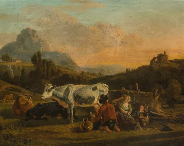 Jean-Louis de Marne — Attribué à Demarne, Jean Louis — zugeschrieben Bauernfamilie, der Vater beim Kühe melken