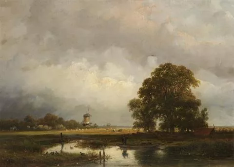 Andreas Schelfhout — River landscape with a mill