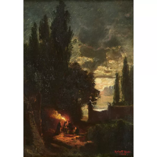 Robert Russ — Landschaft im Mondschein mit Figuren und Fackel.