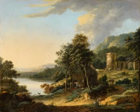 Johann Christian Vollerdt — Bewaldete Flusslandschaft mit Bauernhaus und Burgruine