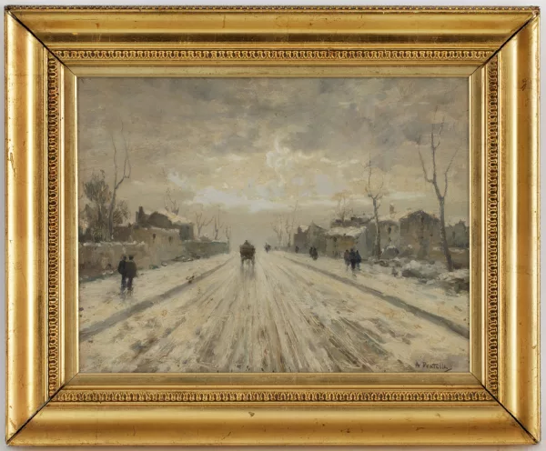 Attilio Pratella — Attribué à Attilio Pratella — Route enneigée avec attelage et passants,