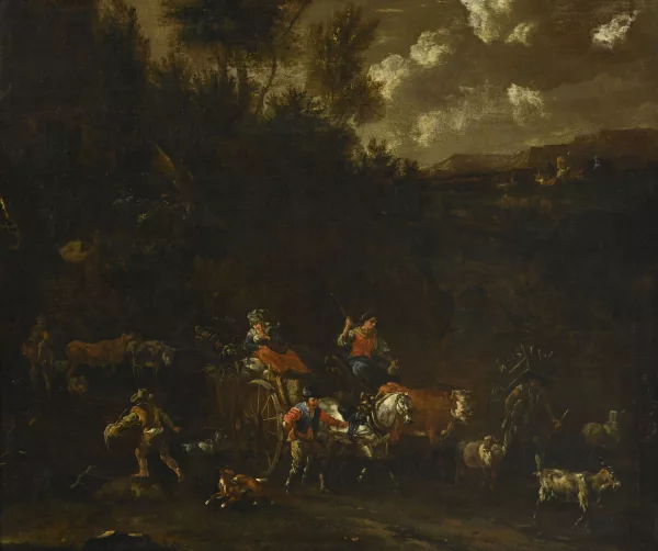 Pieter van Bloemen — Passage du gué avec carriole et animaux,