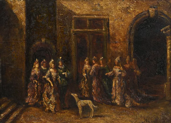 Adolphe Monticelli — Attribué à Adolphe Monticelli — Elégantes dans une cour avec un lévrier,