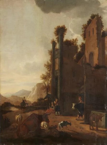 Adam Pynacker — Landschaft mit Ruine und Bauern