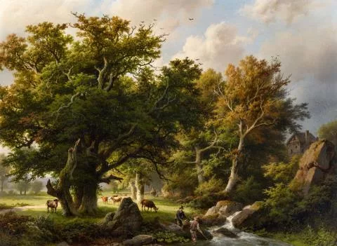 Barend Cornelis Koekkoek — Landschaft mit Bäumen und Kühen an einem Bach