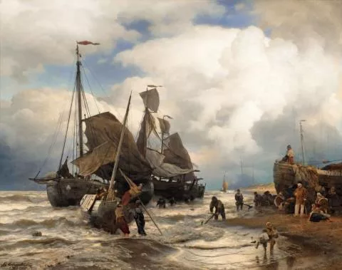 Andreas Achenbach — Anlandende Segelboote am Strand