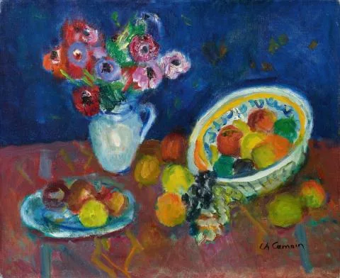 Charles Camoin — Bouquet d'anémones - plat et assiette de fruits