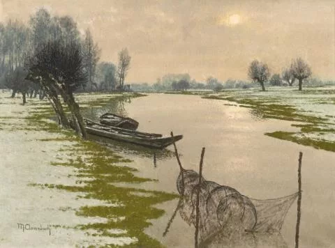 Max Clarenbach — Verschneite Flusslandschaft am Niederrhein