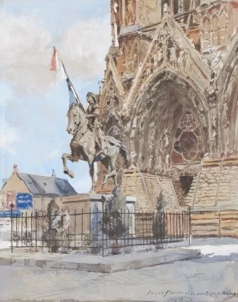François Flameng — Die Reiterstatue der Jeanne d´Arc vor der Kathedrale von Reims