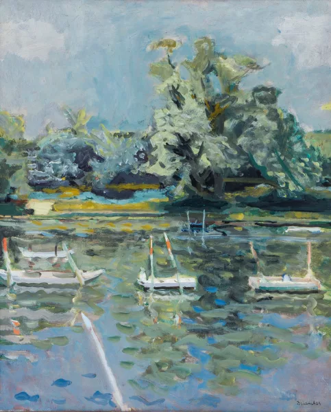 Maurice Brianchon — Bateaux amarrés sur la rivière,