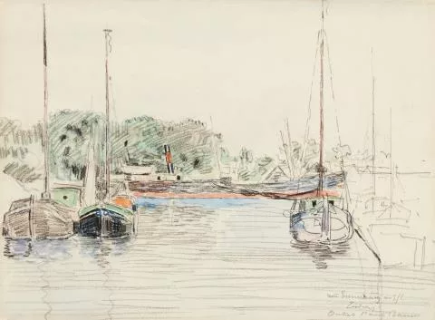 Paul Baum — Ankernde Segelboote vor Flußdampfer (in einem kleinen Hafen in Holland)