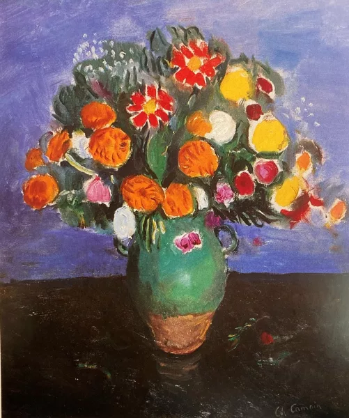Charles Camoin — Vase de fleurs sur fond bleu