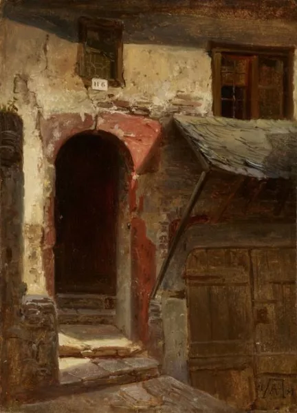 Andreas Achenbach — Architekturstudie mit Blick auf einen Hauseingang und eine tieferliegende Kellertür