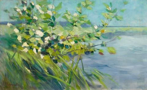 Karl Hagemeister — Landschaft mit blühendem Strauch an einem Ufer