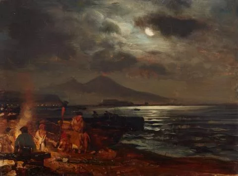 Oswald Achenbach — Ansicht des Golfs von Neapel mit Vesuv bei Nacht
