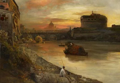 Oswald Achenbach — Romansicht mit der Engelsburg und einem Angler am Tiberufer