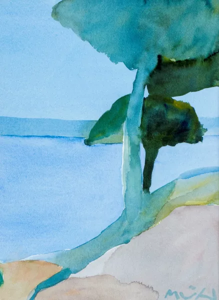 Roger Mühl — Roger Mühl (1929-2008), Deux pins, aquarelle sur