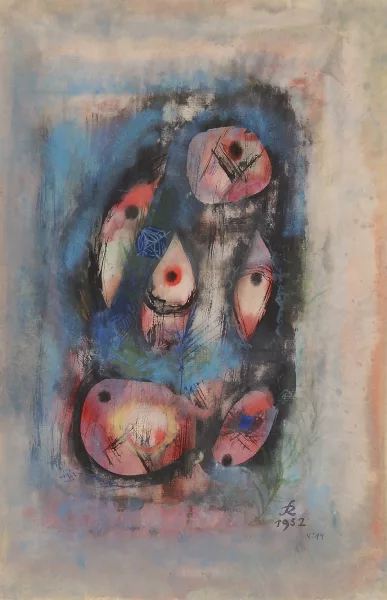 Hans Reichel — Komposition, rotblaue Formen in winterlicher Umarmung, 1952