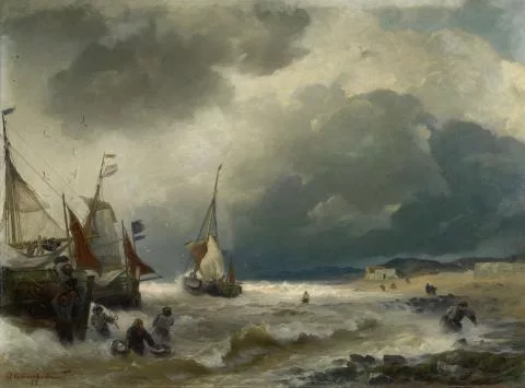 Andreas Achenbach — Strandansicht mit anlandenden Segelschiffen