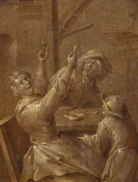 Jan Miense Molenaer — Zwei Grisaillen mit jeweils einer Dreiergruppe trinkender und rauchender Figuren