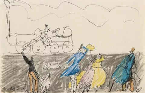 Lyonel Feininger — Alte Dampflokomotive mit Zuschauern (Old Steam Locomotive and Spectators)