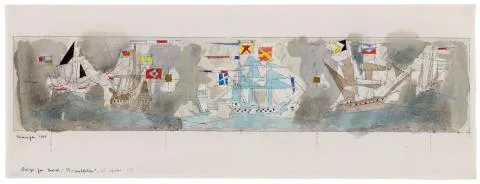 Lyonel Feininger — Design for Mural "SS Constitution". Verso: Segelschiffe und Kreuzer.