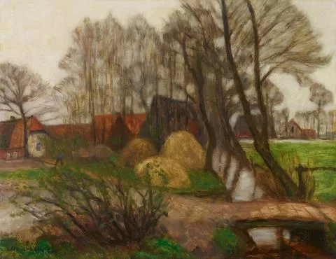 Otto Modersohn — Vorfrühling in Fischerhude (Fischerhuder Häuser mit Graben und Brücke),