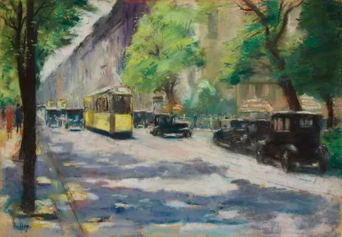 Lesser Ury — Blick auf die Konditorei Moritz Dobrin in der Lennéstraße 1 im Tiergarten, Berlin