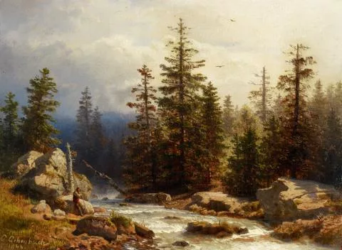 Andreas Achenbach — Waldlandschaft mit Angler