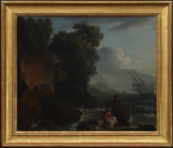 Claude Joseph Vernet — Dans le goût de Claude Joseph Vernet — Couple au bord d'une mer agitée avec voilier au large,