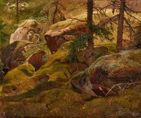 Andreas Achenbach — Waldansicht mit bemoosten Findlingen - Sceredere Klinten