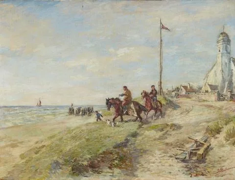 Gregor von Bochmann — Strandansicht mit Reitern und der Andreaskerk in Katwijk