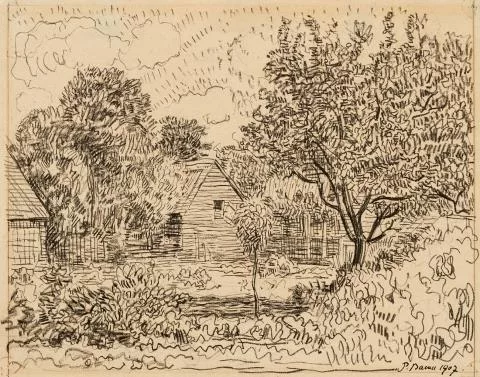 Paul Baum — Garten mit Obstbaum vor Bauernhäuschen unter Bäumen