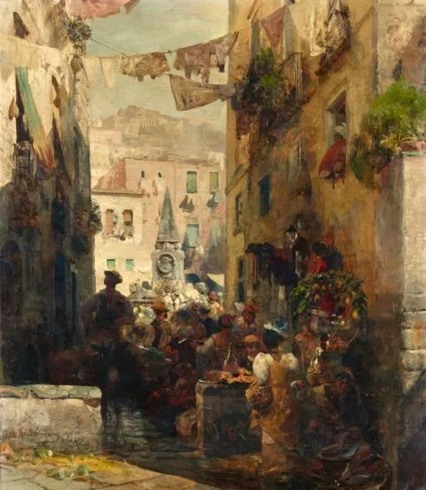 Oswald Achenbach — Straßenszene in Neapel mit Blick auf die Piazza del Mercato und das Castel Sant'Elmo