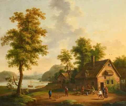 Jakob Philipp Hackert — Flusslandschaft mit kegelnden Bauern