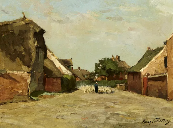 Franz Courtens — Dorfansicht mit Schafherde