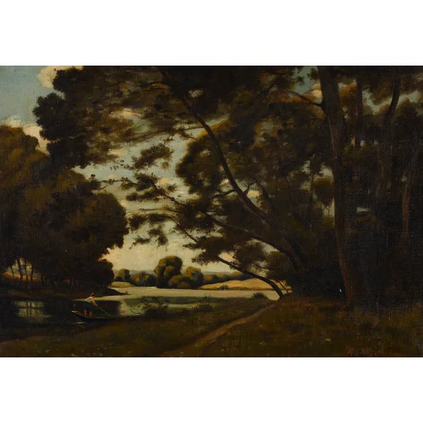 Henri Harpignies — Attribué à HENRI-JOSEPH HARPIGNIES — Flusslandschaft mit Boot.