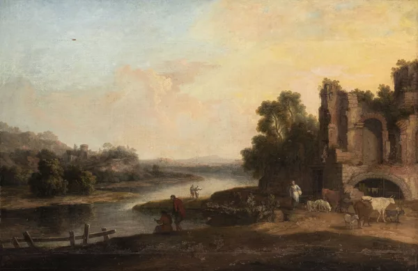 Claude Lorrain — Suiveur de Claude Le Lorrain — Animaux et paysans dans un paysage en ruines