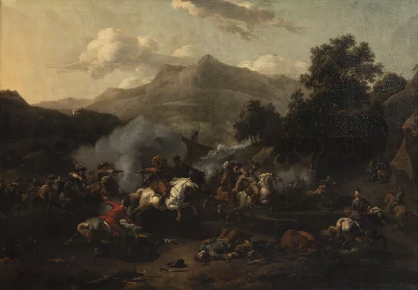 Nicolaes Pietersz. Berchem — Suiveur de Nicolaes Berchem — Choc de cavalerie, impliquant des turcs et des autrichiens