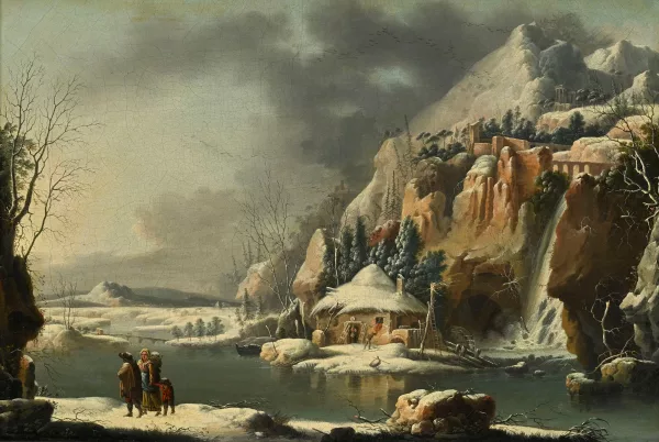 Francesco Foschi — Attribué à Francesco Foschi — Vue animée d'un village enneigé au bord de l'eau,