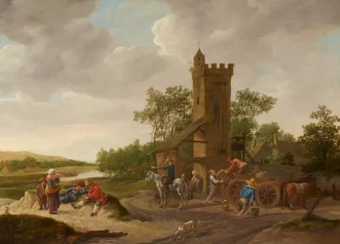 Jan Steen — Landschaft an einem Fluss und mit einem Turm, davor be- oder entladen Männer einen Karren sowie weitere Figuren, darunter ein Reiter, eine Mutter mit Kindern und zwei rastende Männer