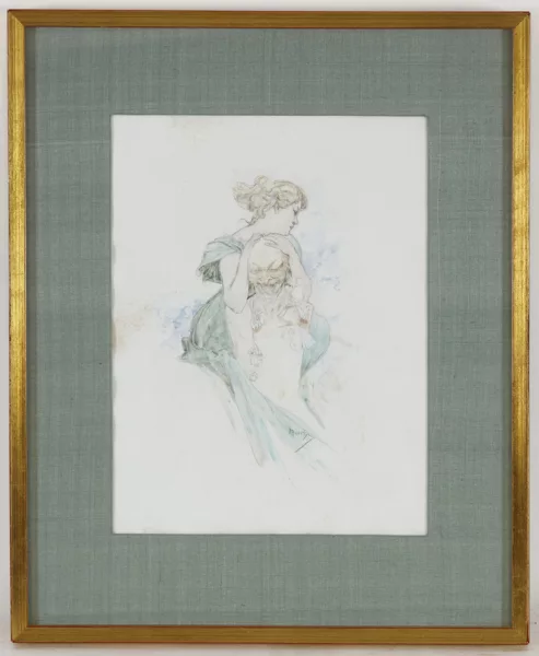 Alphonse Mucha — Jeune femme tenant une tête de satyre