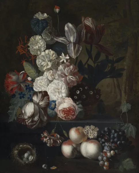 Jan van Huysum — Entourage de Jan van Huysum — Tulipes, Roses, and other Flowers in a Basket