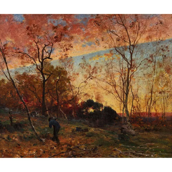 Léon Germain Pelouse — Abendlandschaft am Waldrand mit Holzsammler.